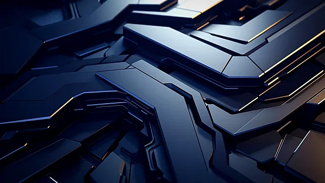 Layered dark metallic 3D panels with blue edge lighting