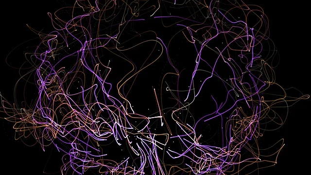 Tangle of fine violet light threads on black