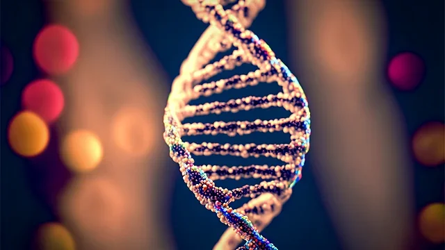 Glowing double helix render against warm bokeh lights