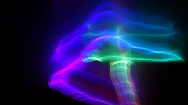Glowing violet and teal light form rising from a dark base
