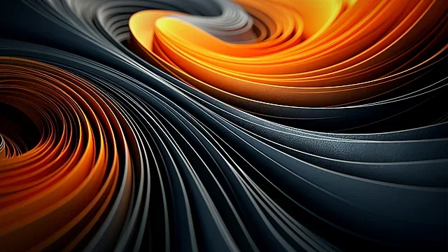 Orange and charcoal 3D swirl of curved ribbons