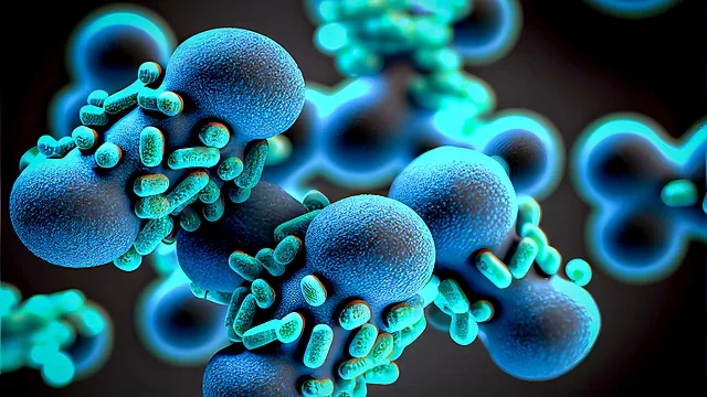 Glowing blue 3D render of round microbes with teal clusters