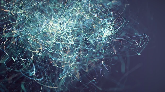 Dense web of fine white and teal light filaments on a dark background