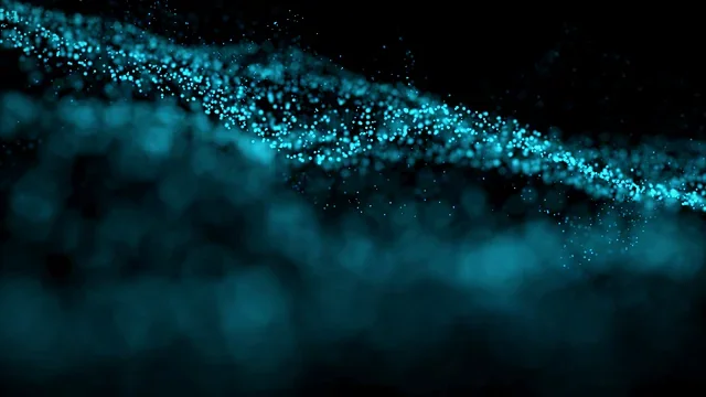Blue and teal particles glowing on a dark background