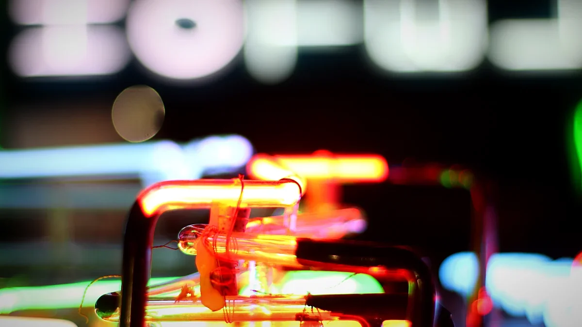 Close neon glow tubes against a dark backdrop