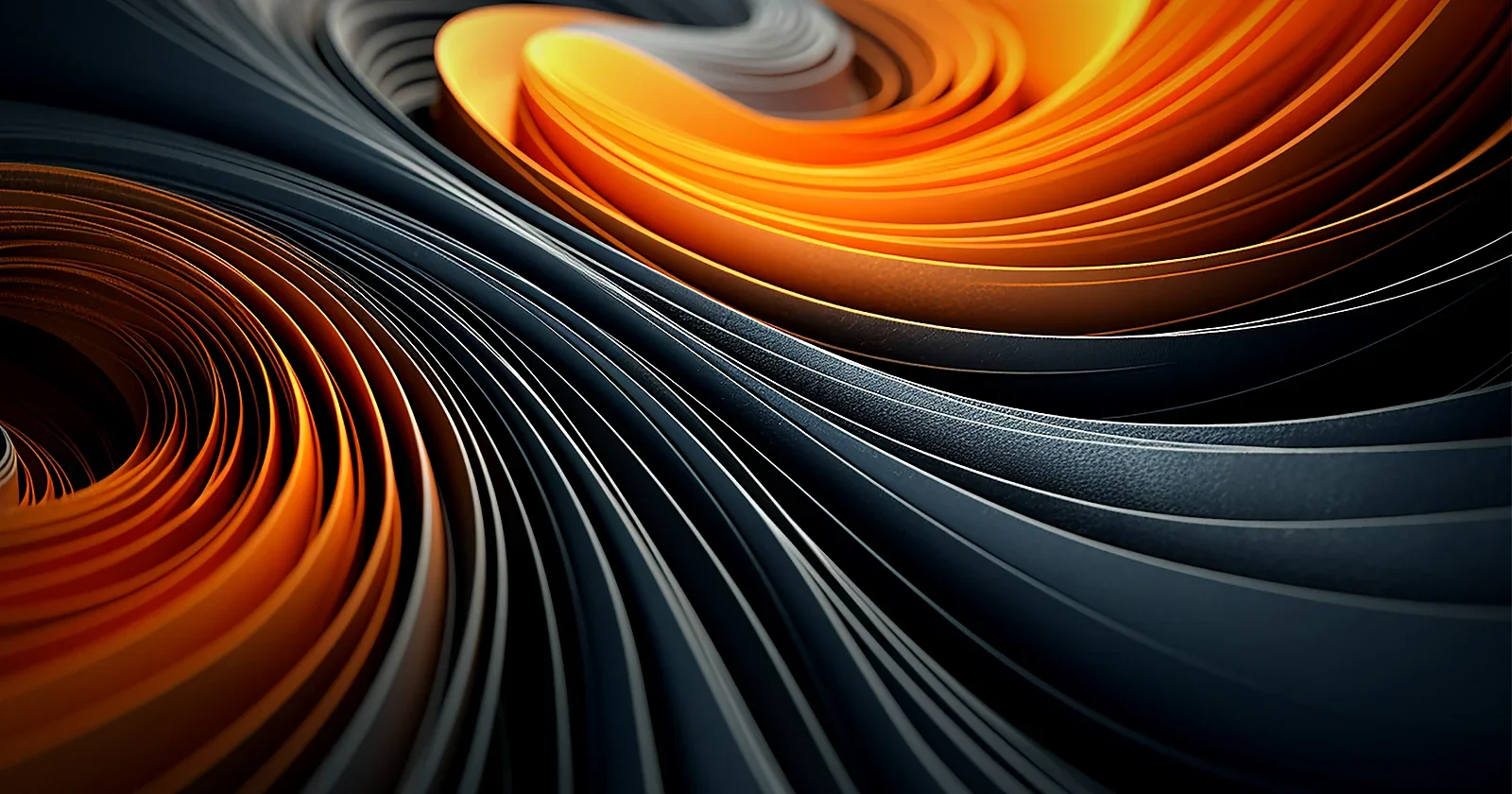 Orange and charcoal 3D swirl of curved ribbons spiralling inward