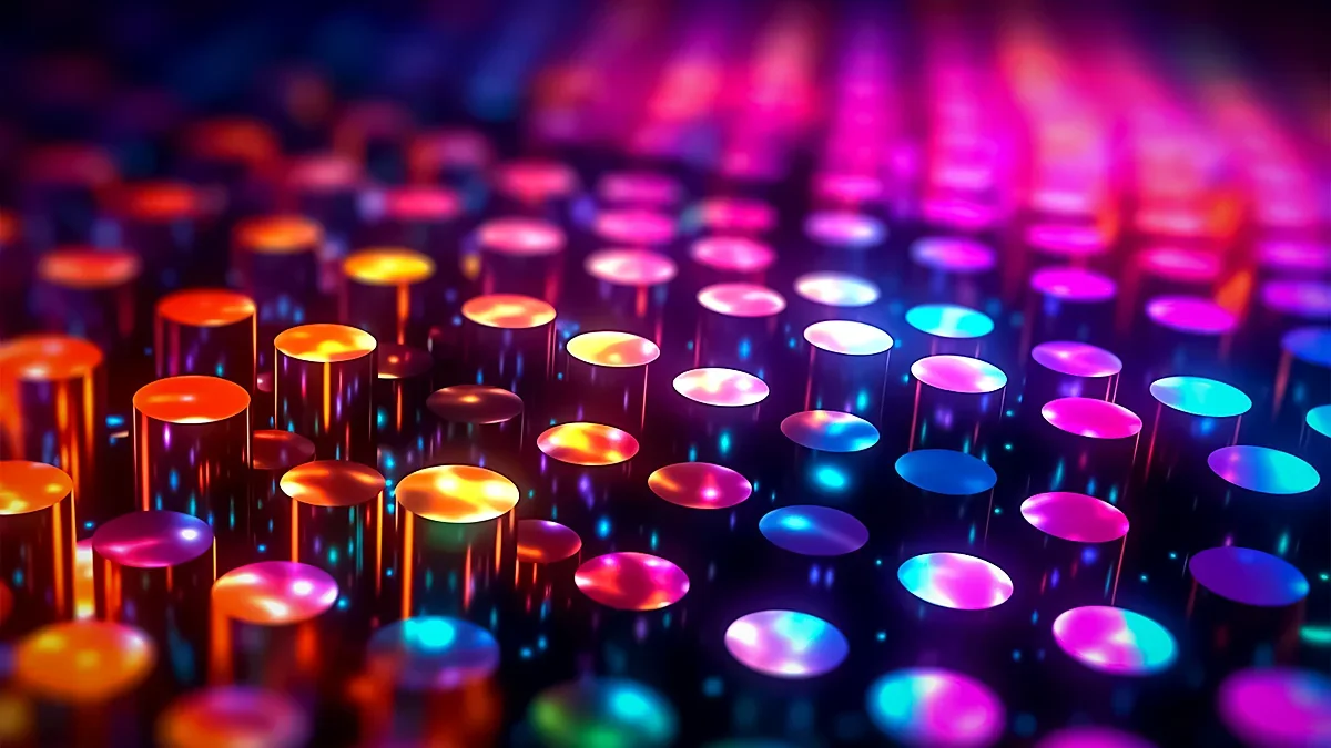 Rows of glowing multicoloured points of light receding into shallow focus
