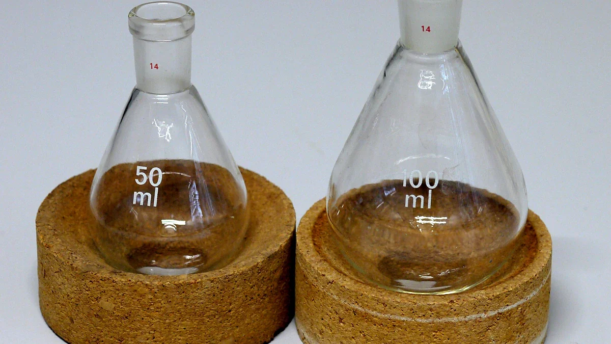 Two glass evaporating flasks standing in cork rings