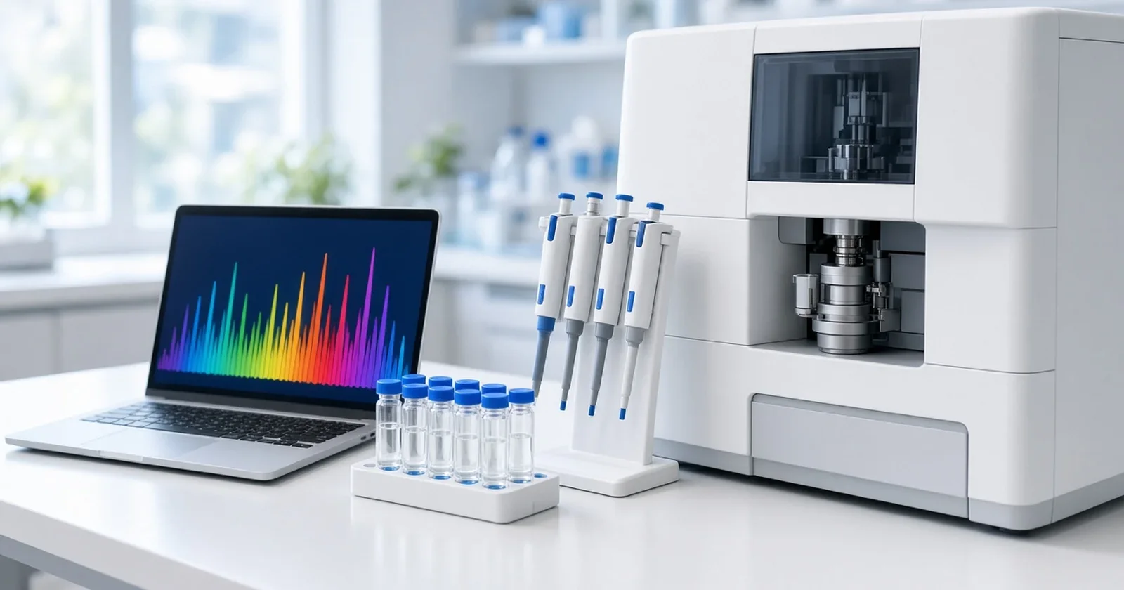 A benchtop mass spectrometer on a white lab bench beside a laptop showing colored peaks, sample tubes and pipettes.