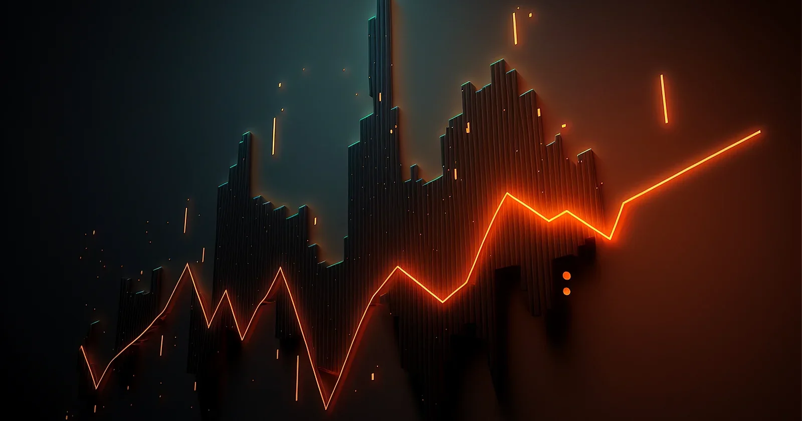Glowing orange data line rising over a dark futuristic skyline