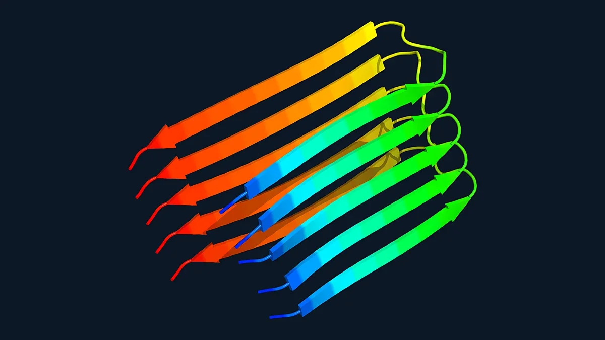 Stacked beta-strands of an amyloid fibril render (PDB 2BEG)