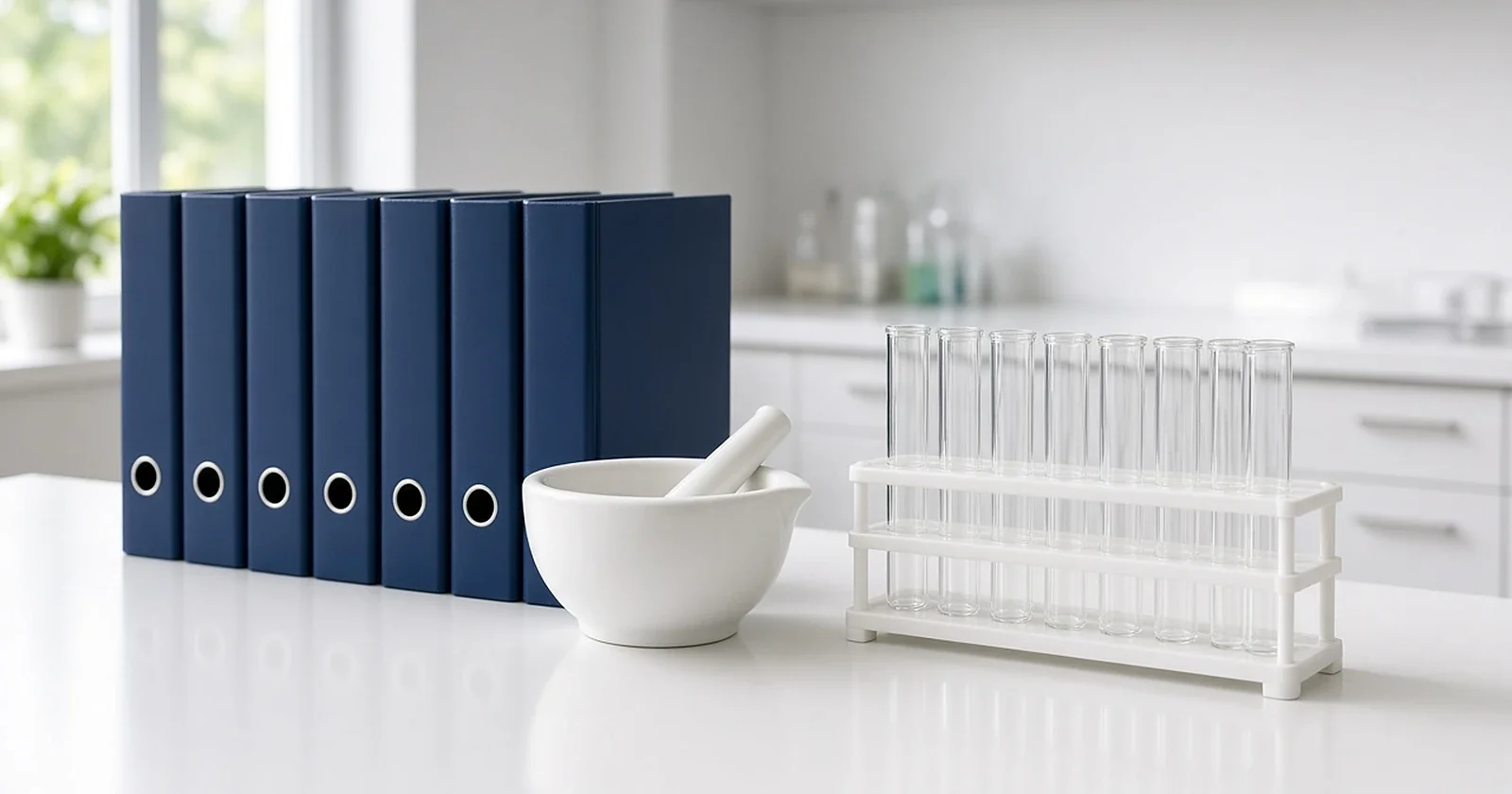 Sunlit lab counter with navy document binders, a white mortar and pestle and a rack of glass test tubes.