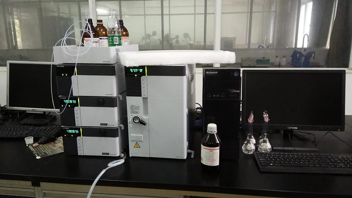 High-performance liquid chromatography system on a laboratory bench