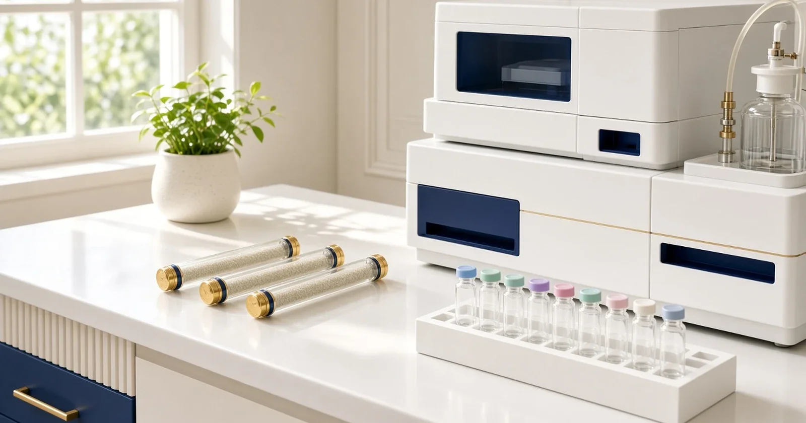 Sunlit analytical lab bench with a liquid chromatography system, a sample tray and three chromatography columns.