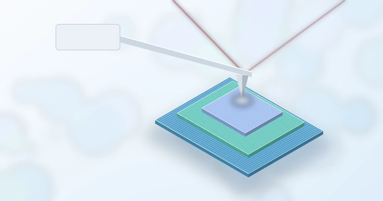 An atomic force microscope tip scanning three stacked peptide crystal layers on a bright background.