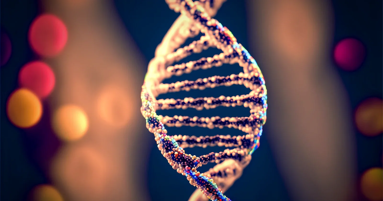 Glowing double helix render against warm bokeh lights