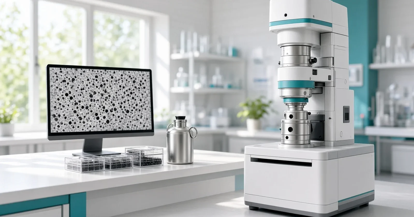 A cryo-electron microscope in a bright lab beside a monitor showing a gray particle image on a white lab bench.