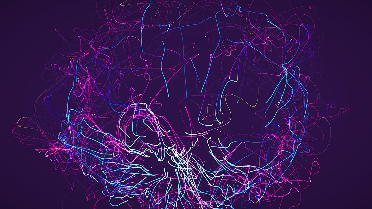 Tangled sphere of pink and teal light filaments on a dark violet background