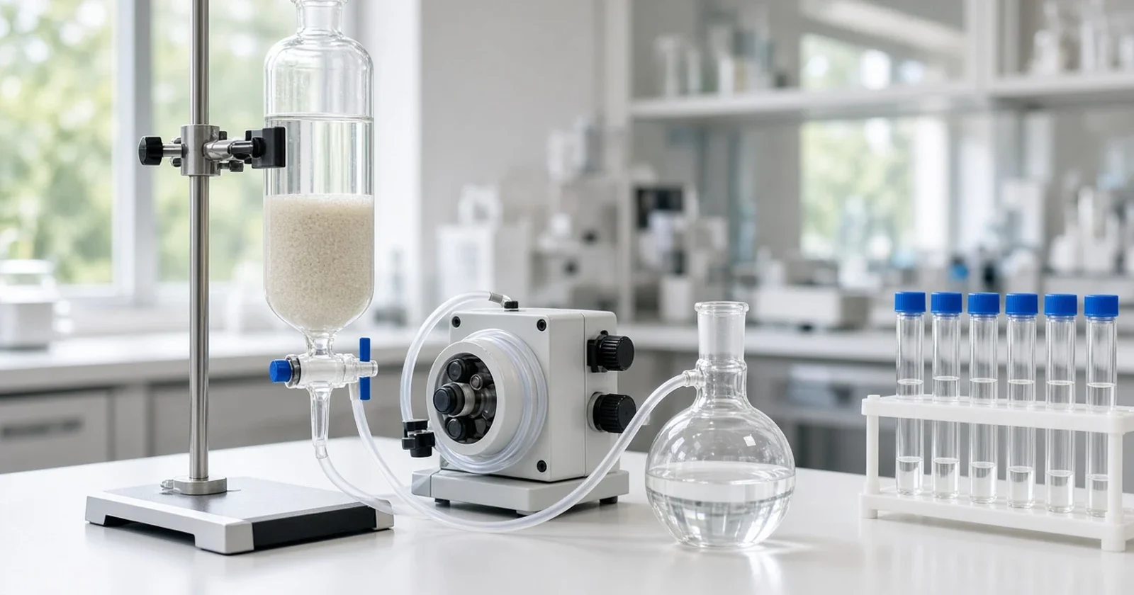 Packed glass column on a stand, tubing to a peristaltic pump, a round-bottom flask and test tubes on a lab bench.
