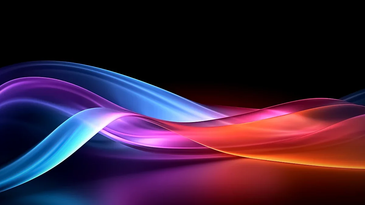 Ribbons of blue and orange light flowing across a black background