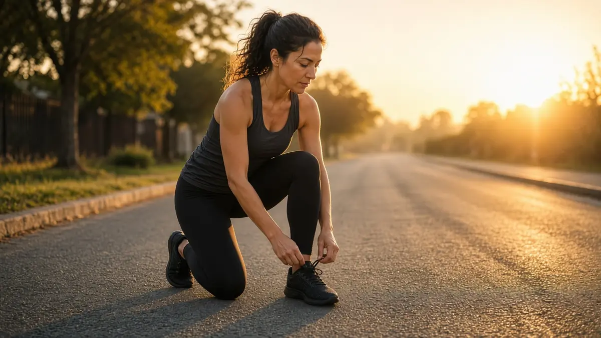 Woman tying her running shoes on a quiet street at sunrise