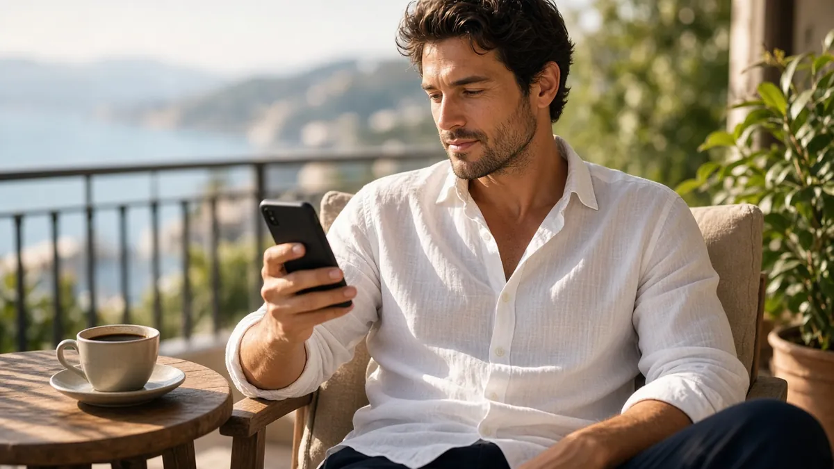 Man scrolling his phone with a coffee on a sunny balcony