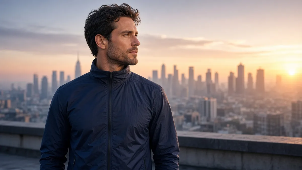 Man in a running jacket on a city rooftop at dawn