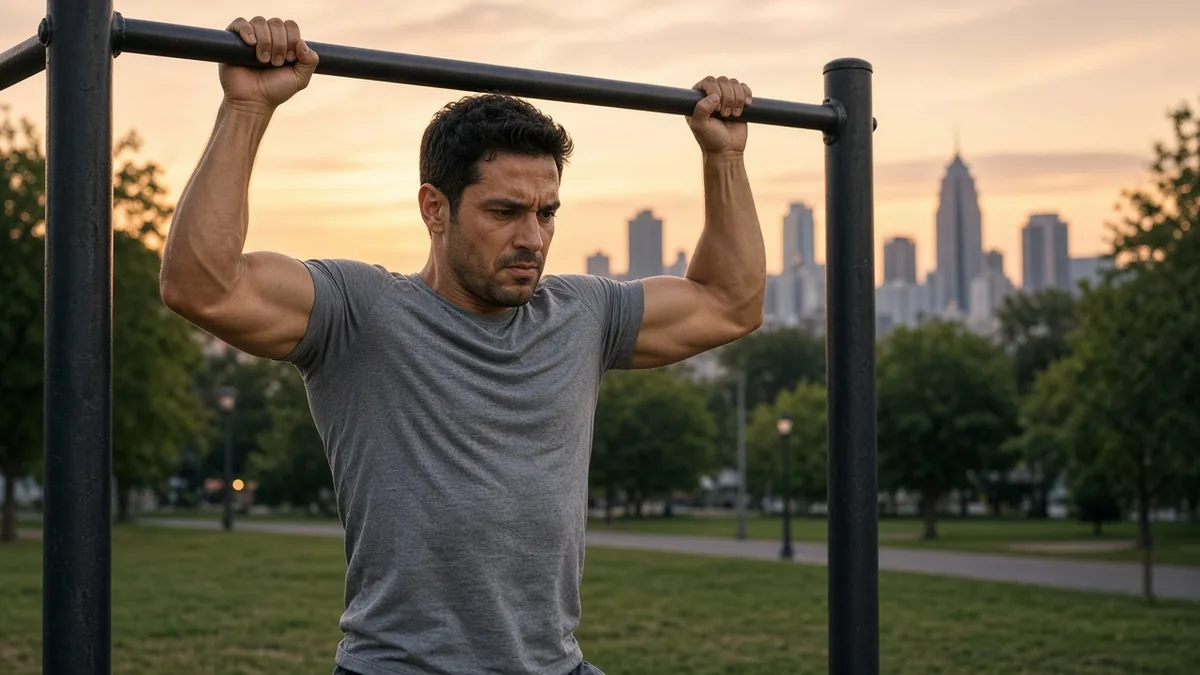 Man doing pull-ups on an outdoor bar in a park at dusk