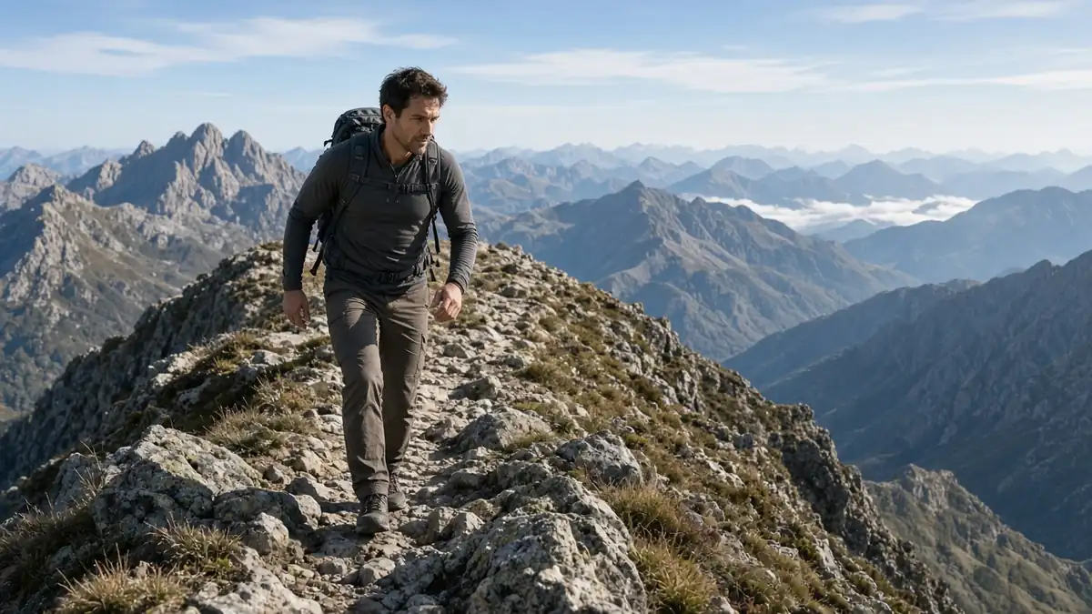 Man hiking along a mountain ridge on a clear day