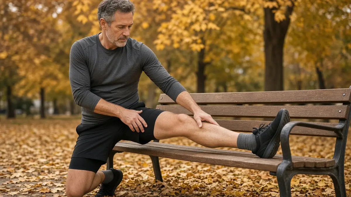 Middle-aged man stretching on a park bench among autumn leaves
