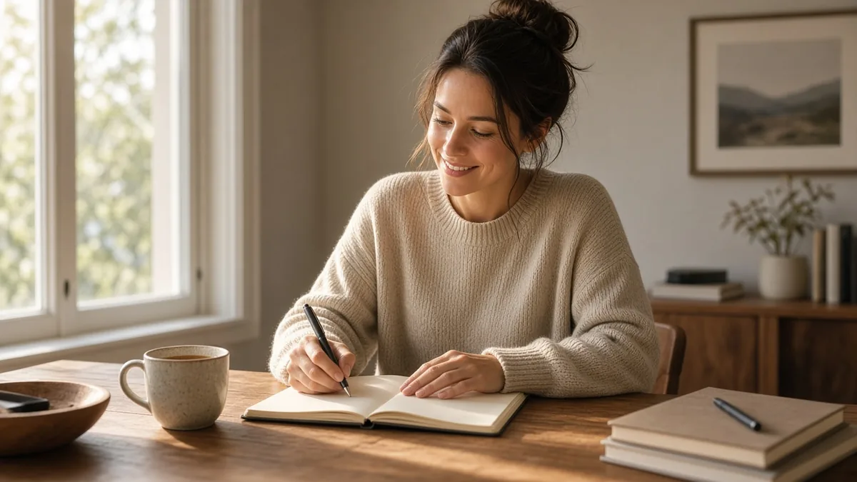 Smiling woman writing in a notebook at a sunlit wooden desk with tea