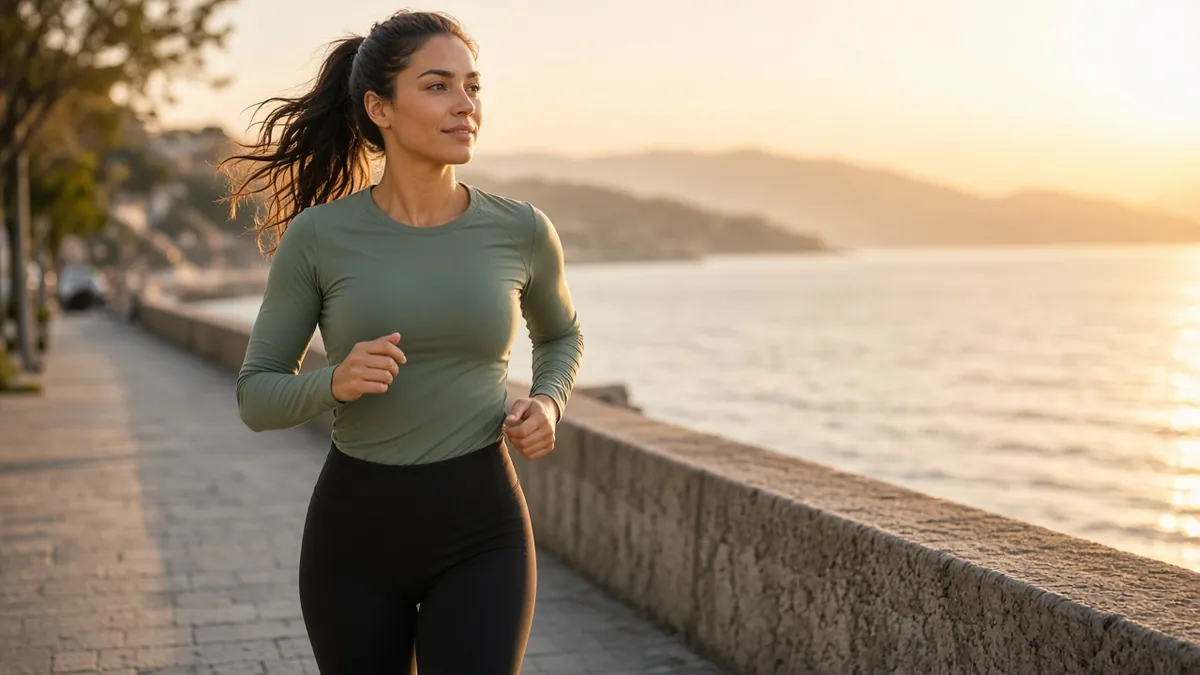 Woman jogging along a seaside promenade at golden hour
