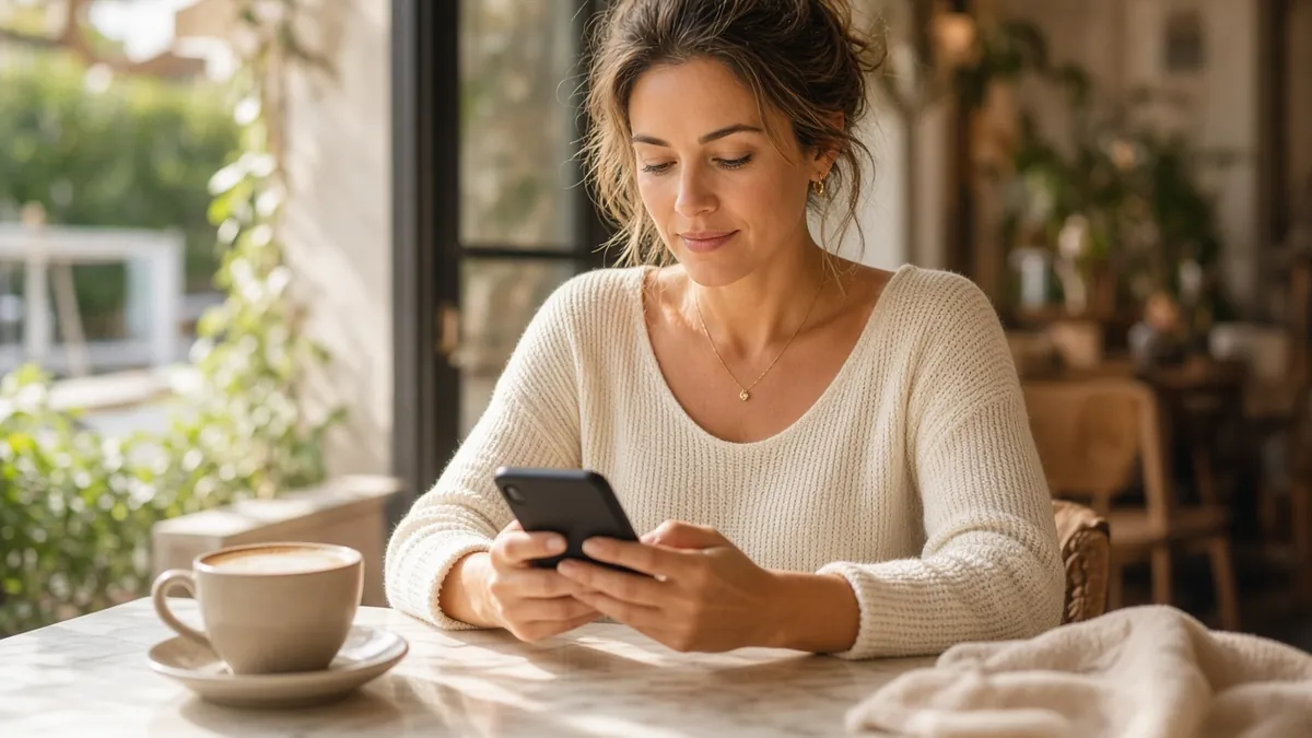 Woman reading the news on her phone over a morning coffee in a sunny cafe