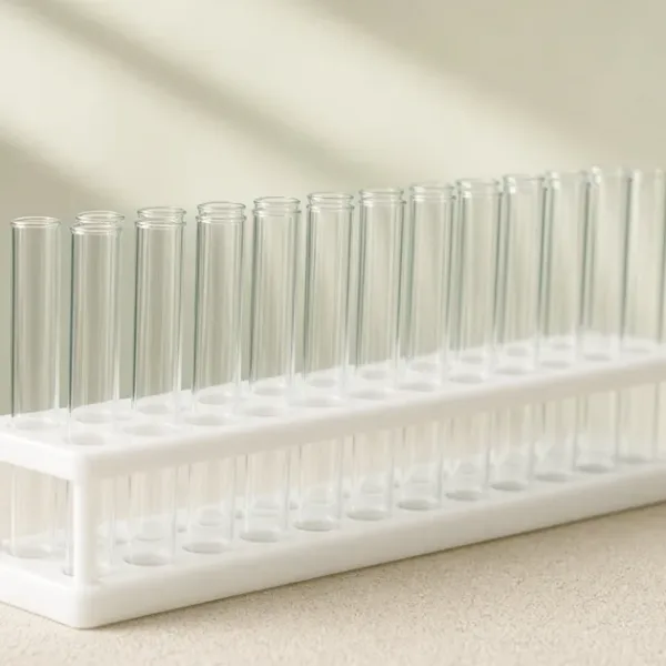 Rows of identical blank glass tubes in a rack on a light lab surface