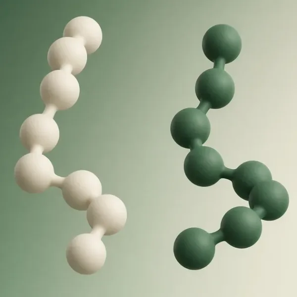 Two abstract peptide chain models side by side on a soft green gradient