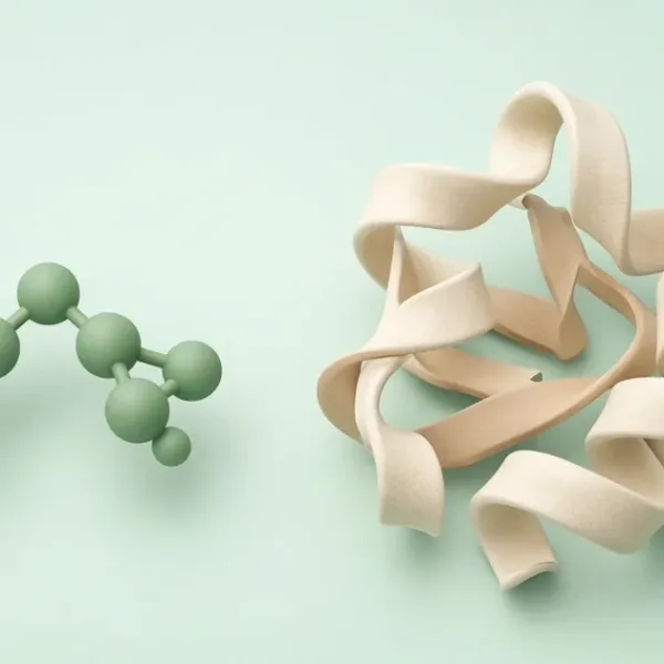 Short peptide fragment model beside a longer protein chain, abstract render