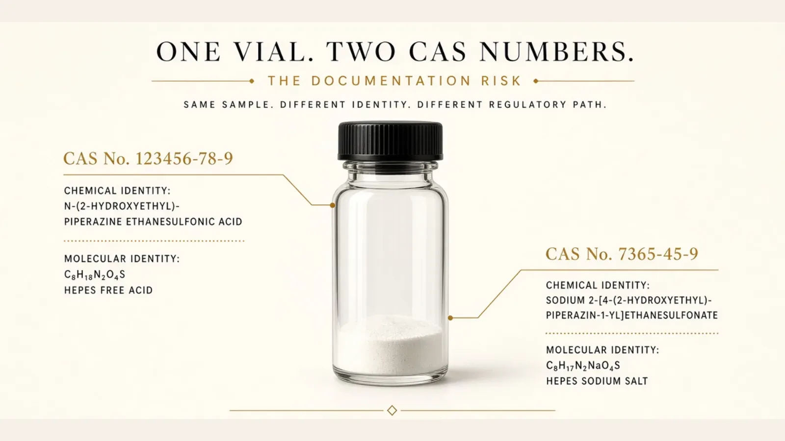 One research vial containing a named peptide blend requires two CAS numbers and two identity lines on the COA