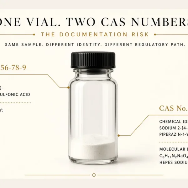 One research vial containing a named peptide blend requires two CAS numbers and two identity lines on the COA