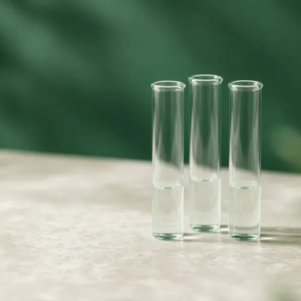 Three unlabeled glass sample tubes on a pale lab bench with soft green light