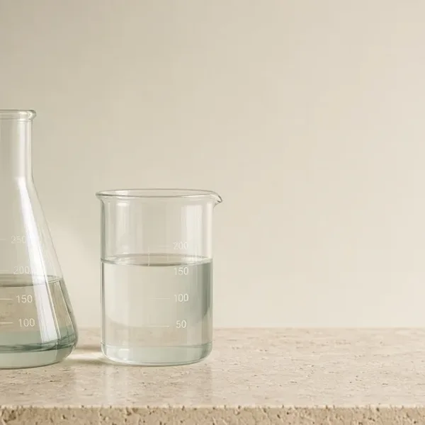 Clear laboratory glassware with pale liquid on a light stone bench