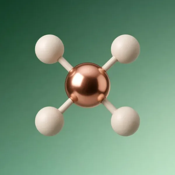 Small molecular model with a copper-toned atom on a soft green background