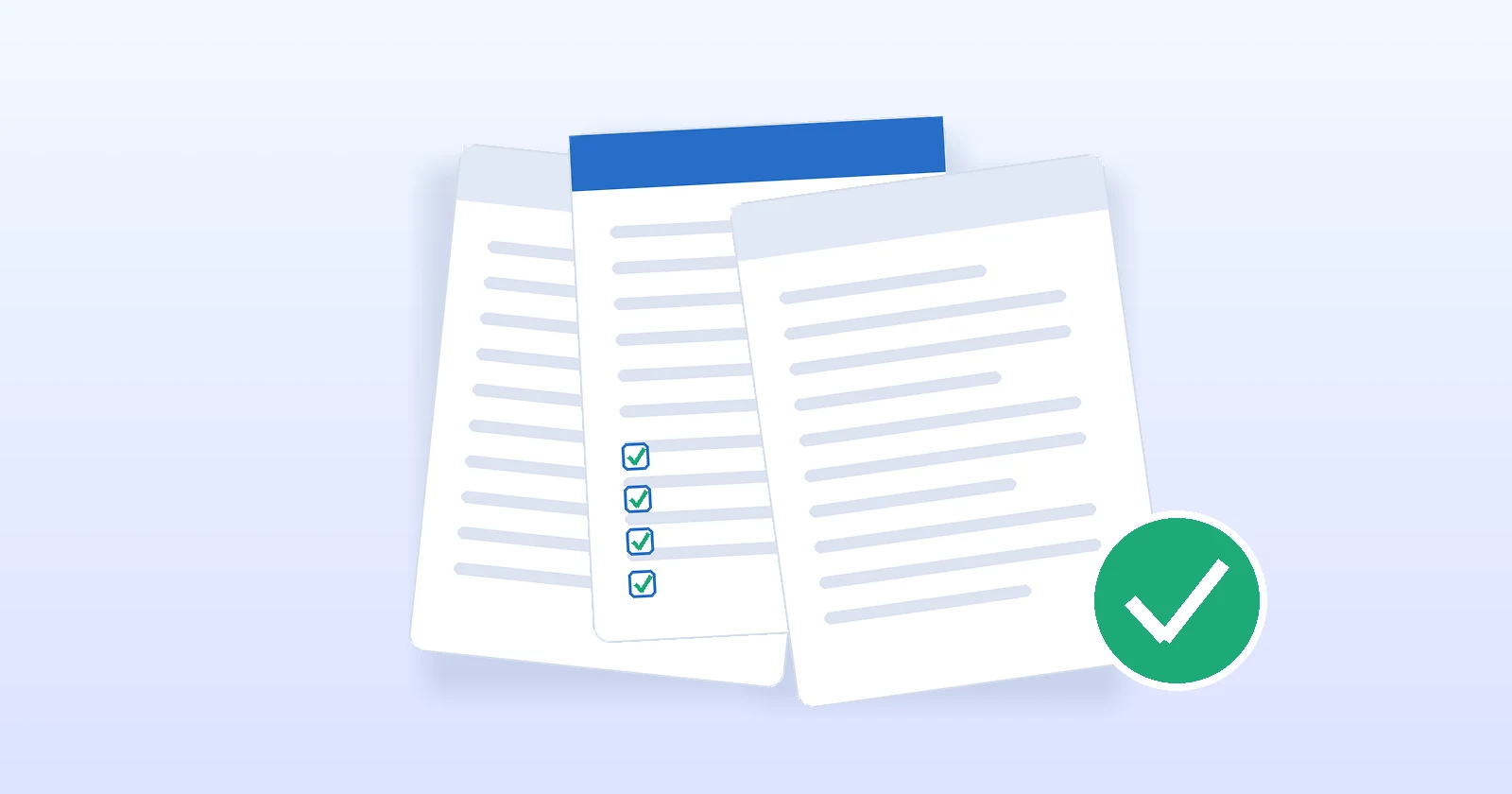Stacked regulatory policy documents and a review checklist on a bright, clean background