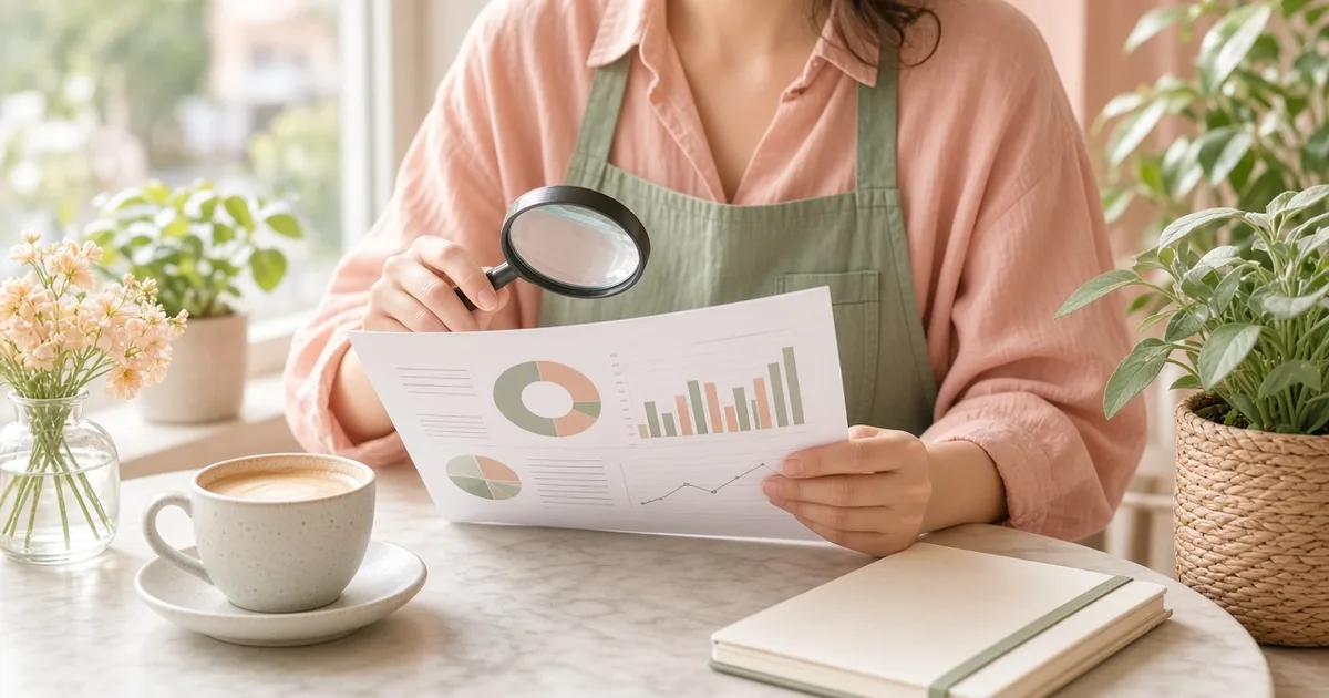 Clipboard report under a magnifying glass with a chart and four check marks