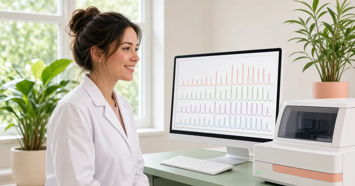 Molecules racing on a track toward a peak chart, and a balance scale weighing a chain