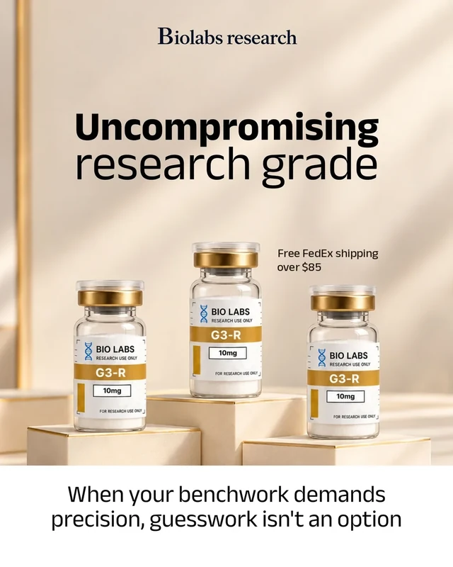 Uncompromising research grade: three BioLabs G3-R research vials. Free shipping on orders $85+