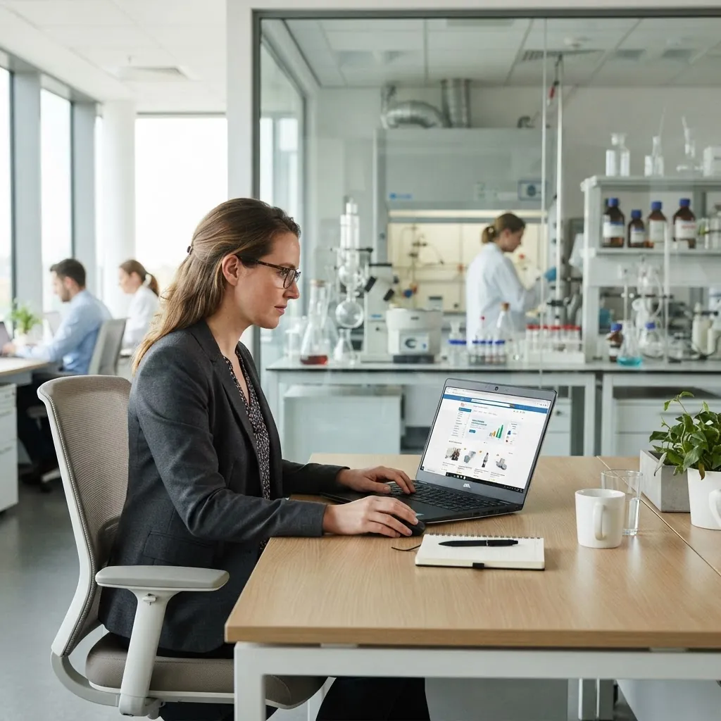 Research purchaser reviewing catalog identity fields with a laboratory visible through glass