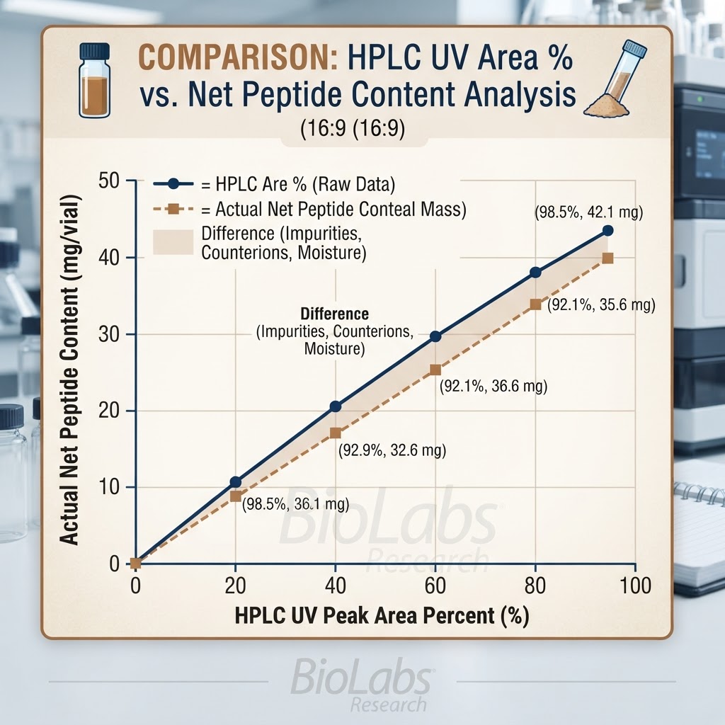 HPLC area% measures UV absorption ratios — not milligrams of peptide in the vial