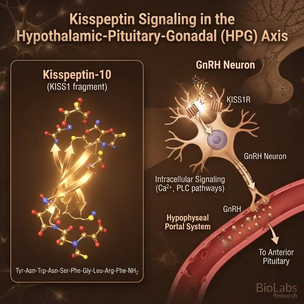 Clear glass research vial labeled Kisspeptin-10 with a gold crimp cap