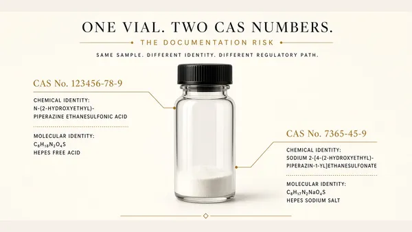 One research vial containing a named peptide blend requires two CAS numbers and two identity lines on the COA