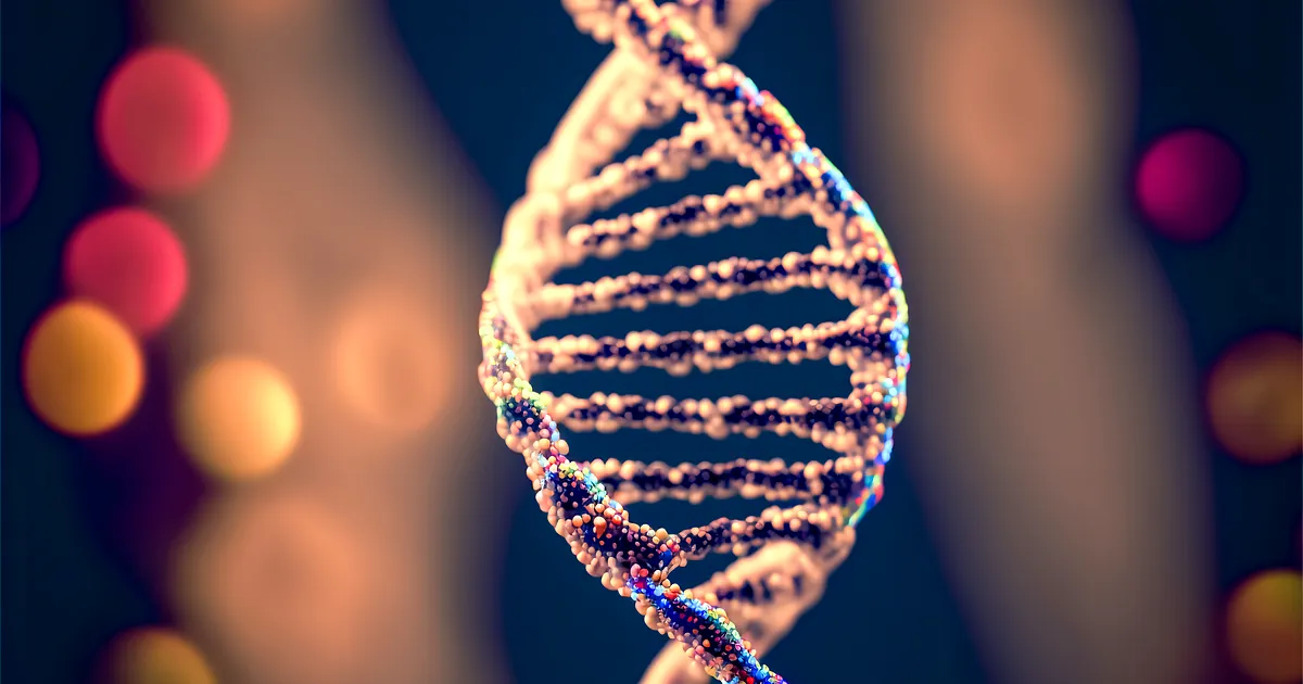 Glowing double-helix render in warm light against a dark blue background with soft colored bokeh